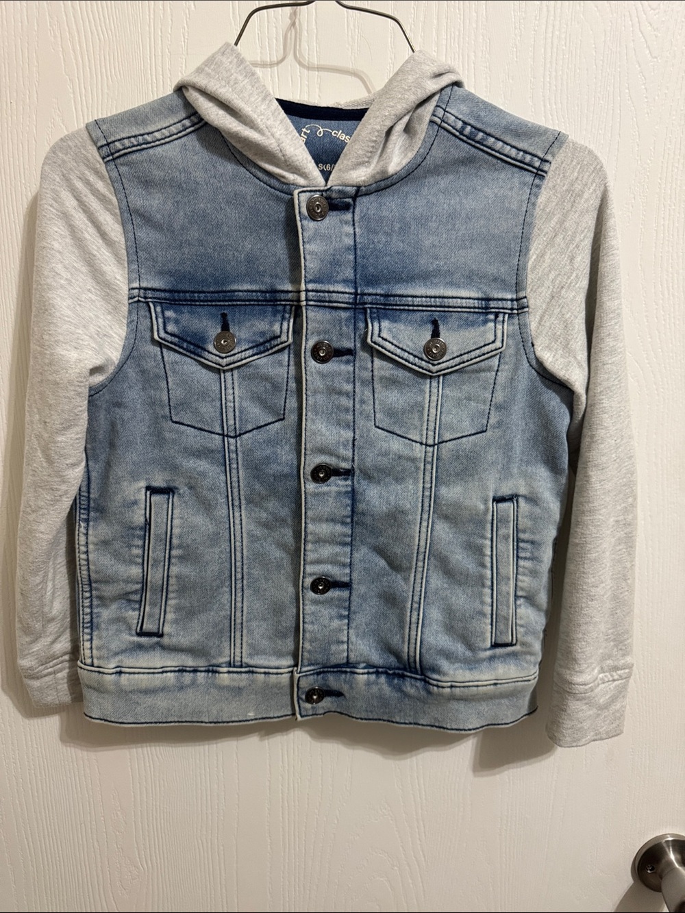 Children’s Denim Art Class Denim Jacket Fleece Sleeves Hood Button Up Small 6-7